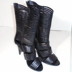 Colin Stuart Calf High Boots Stiletto Heel Pumps Skin Baring Peep Toe Black